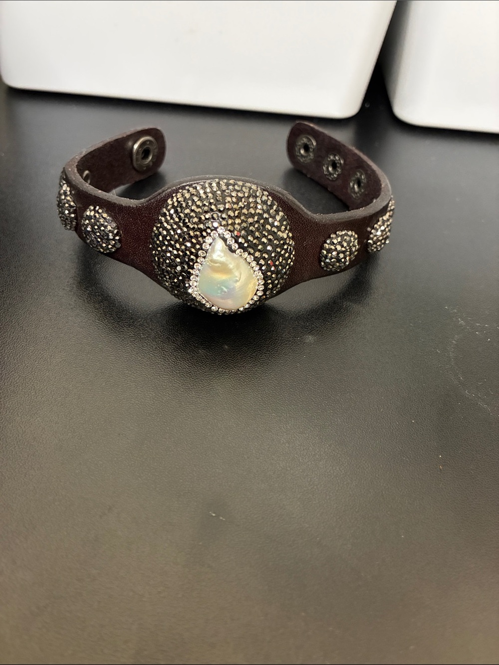 Leather Cuff with Mabe Pearl and Crystals